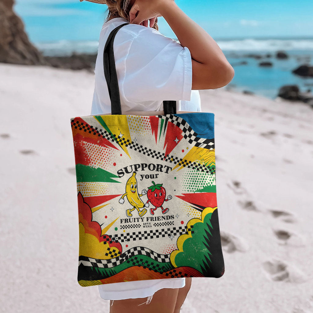 Support Your Fruity Friends Love Wins Gay Pride Tote Bag LGBTQ Retro 30s Cartoon Checkered