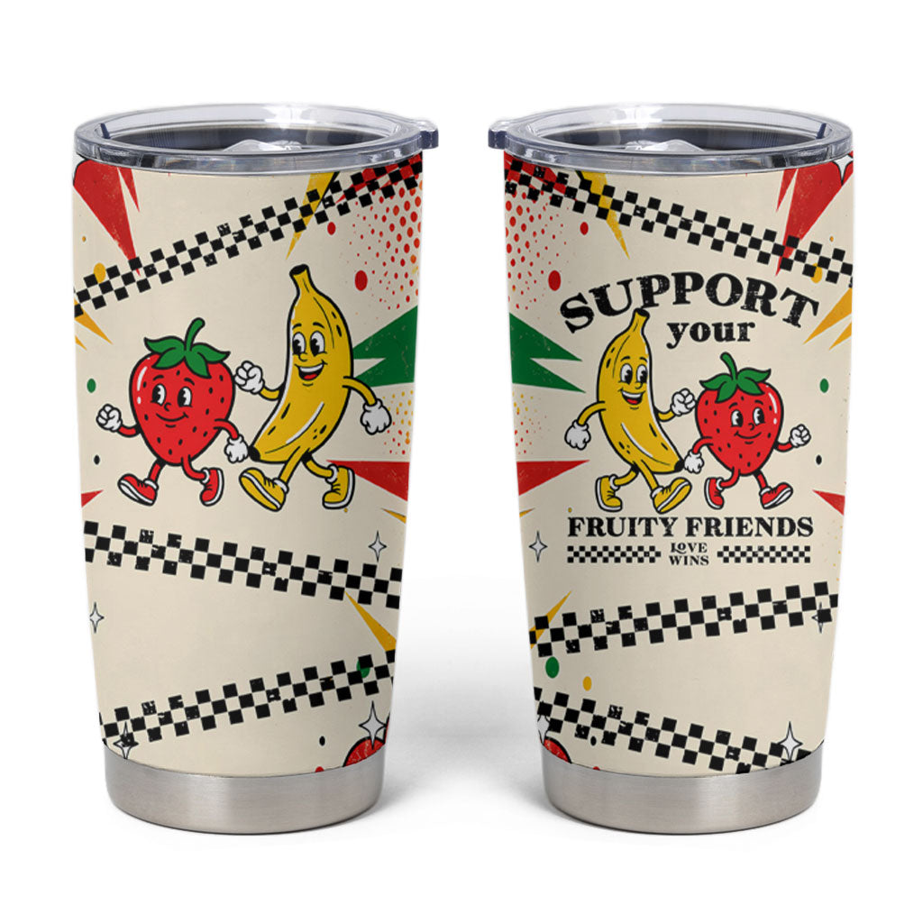 Support Your Fruity Friends Love Wins Gay Pride Tumbler Cup LGBTQ Retro 30s Cartoon Checkered