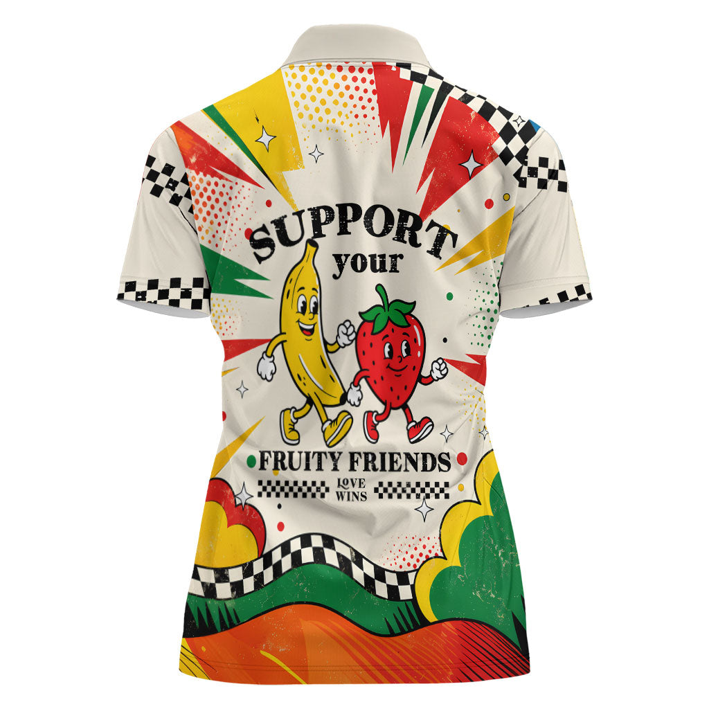Support Your Fruity Friends Love Wins Gay Pride Women Polo Shirt LGBTQ Retro 30s Cartoon Checkered