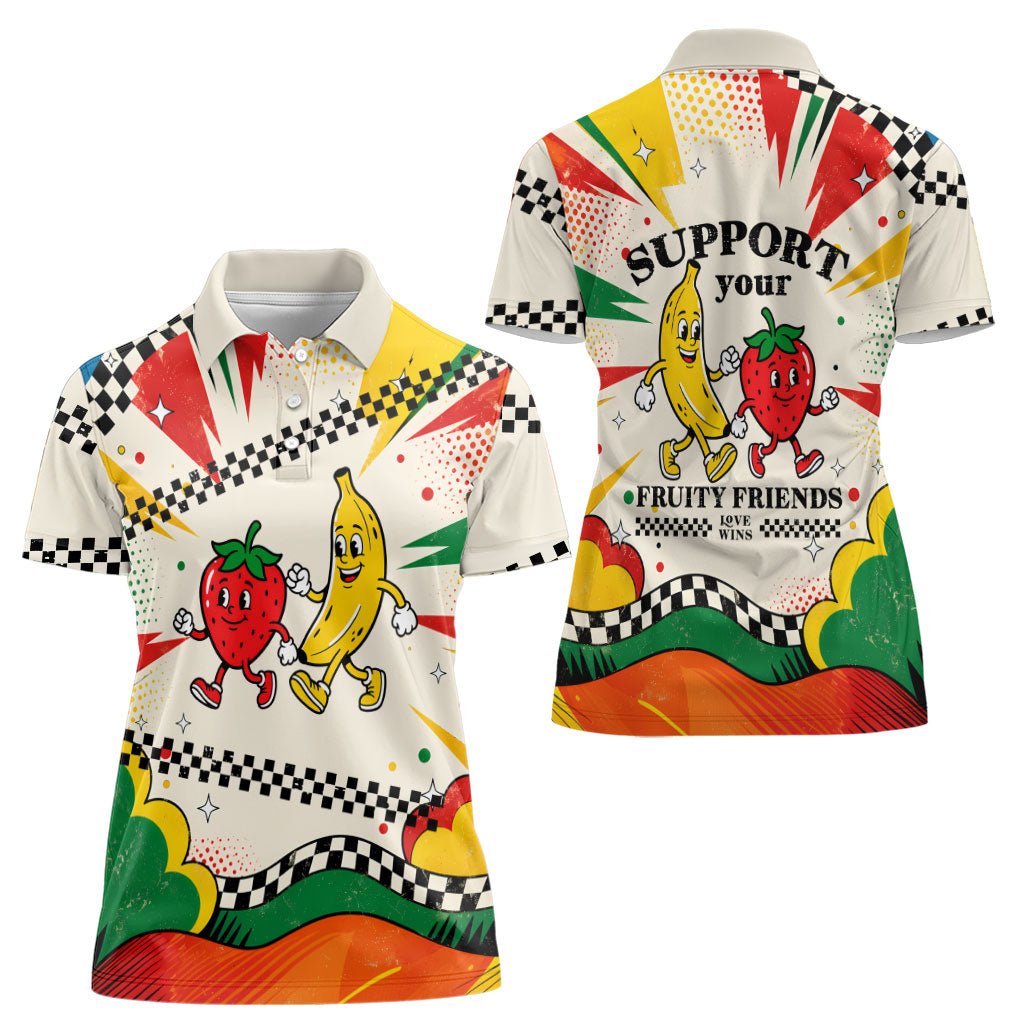 Support Your Fruity Friends Love Wins Gay Pride Women Polo Shirt LGBTQ Retro 30s Cartoon Checkered