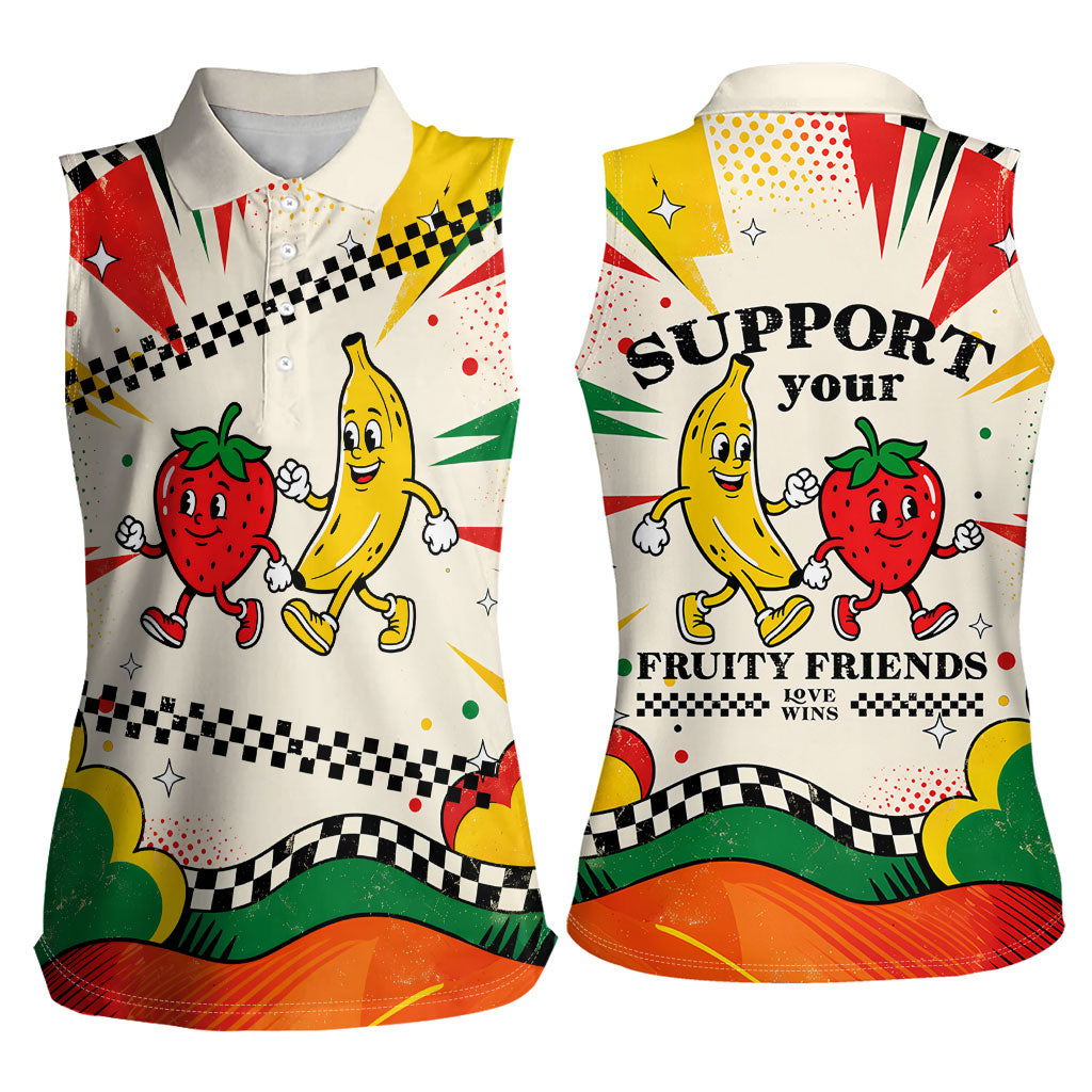 Support Your Fruity Friends Love Wins Gay Pride Women Sleeveless Polo Shirt LGBTQ Retro 30s Cartoon Checkered