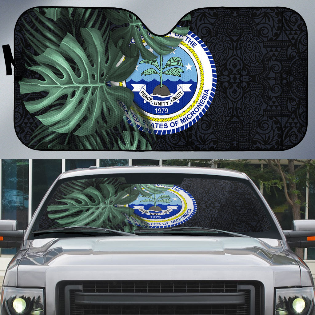 Federated States Of Micronesia Auto Sun Shade FSM Tropical Monstera Leaf Dark Tribal Pattern