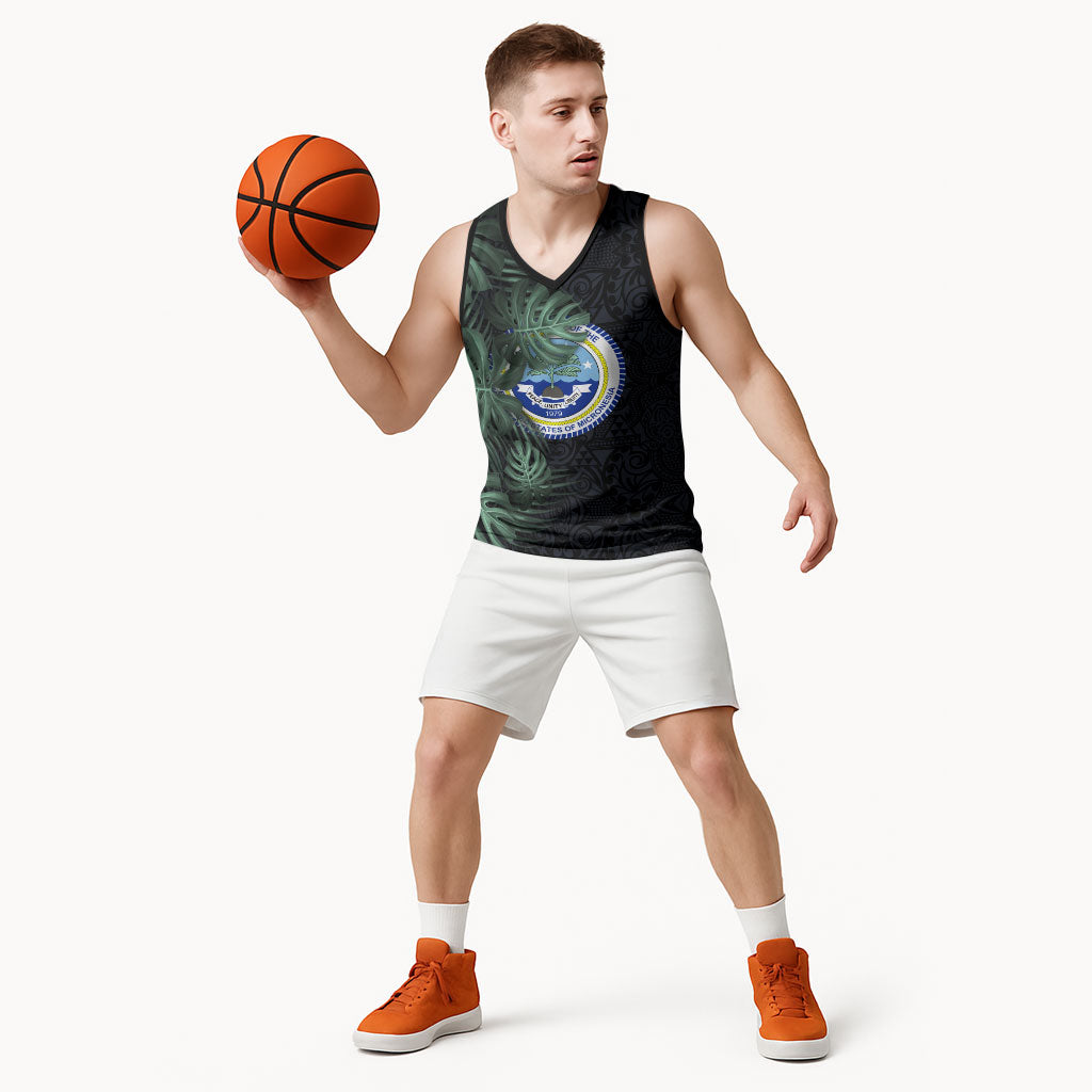 Federated States Of Micronesia Basketball Jersey FSM Tropical Monstera Leaf Dark Tribal Pattern