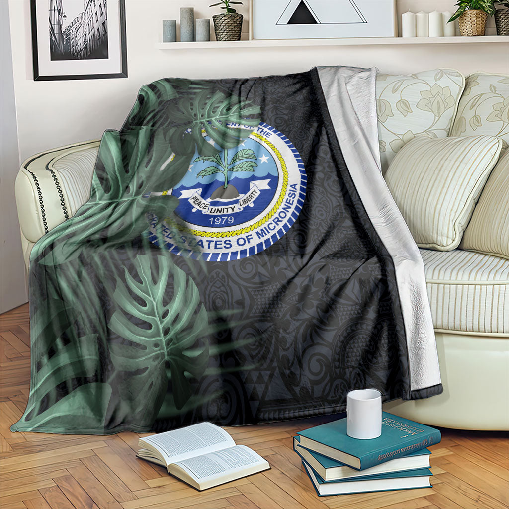 Federated States Of Micronesia Blanket FSM Tropical Monstera Leaf Dark Tribal Pattern TS04 Black Green - Polynesian Pride