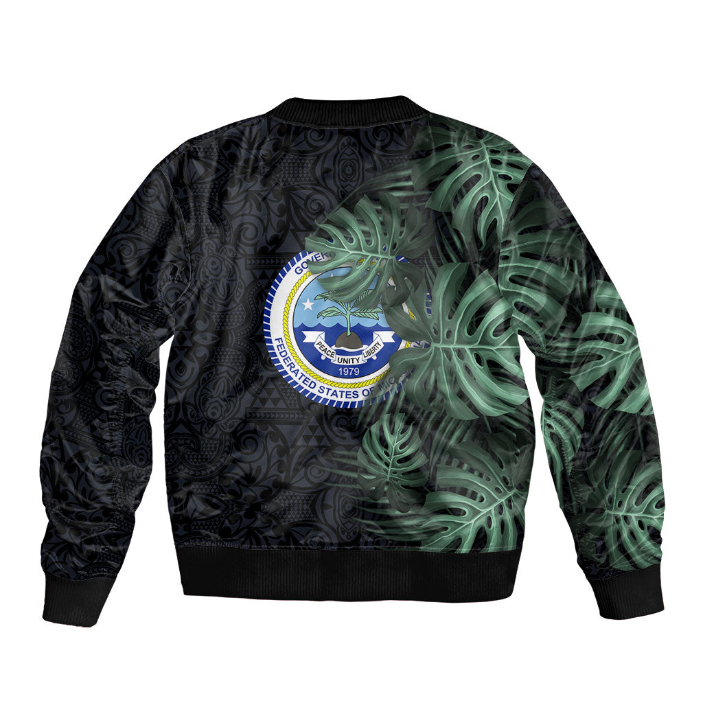 Federated States Of Micronesia Bomber Jacket FSM Tropical Monstera Leaf Dark Tribal Pattern TS04 - Polynesian Pride