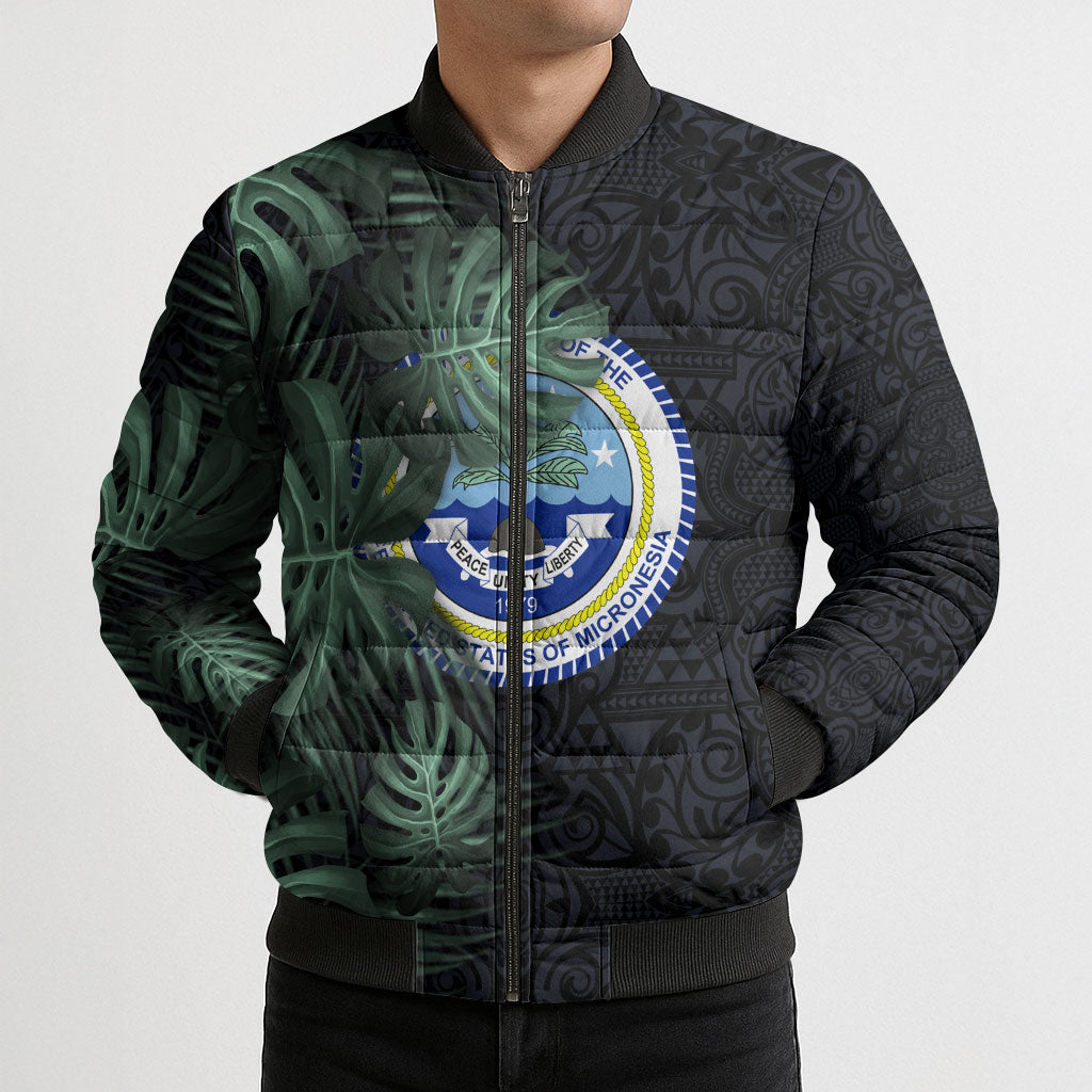 Federated States Of Micronesia Bomber Puffer Jacket FSM Tropical Monstera Leaf Dark Tribal Pattern TS04 - Polynesian Pride