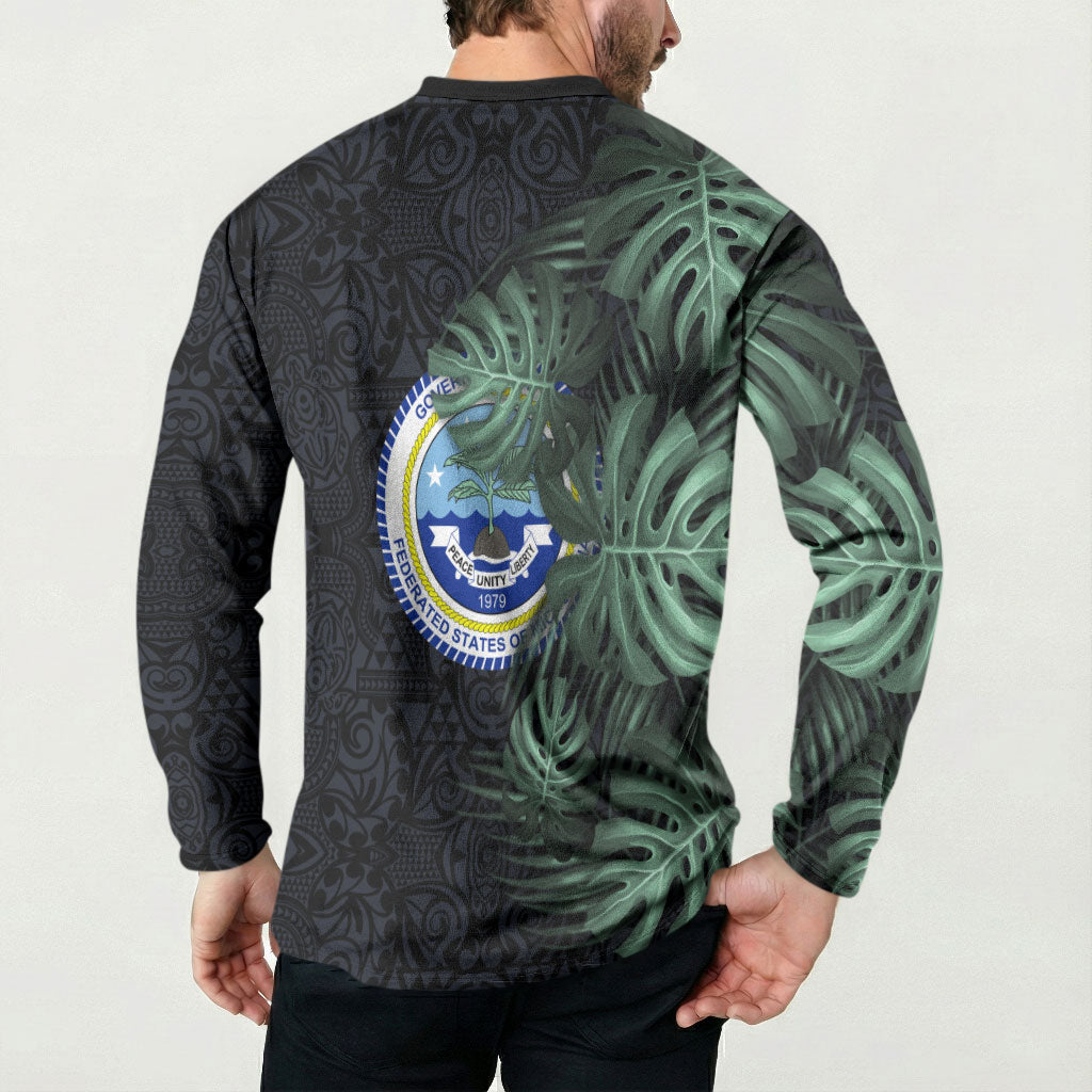 Federated States Of Micronesia Button Sweatshirt FSM Tropical Monstera Leaf Dark Tribal Pattern TS04 - Polynesian Pride
