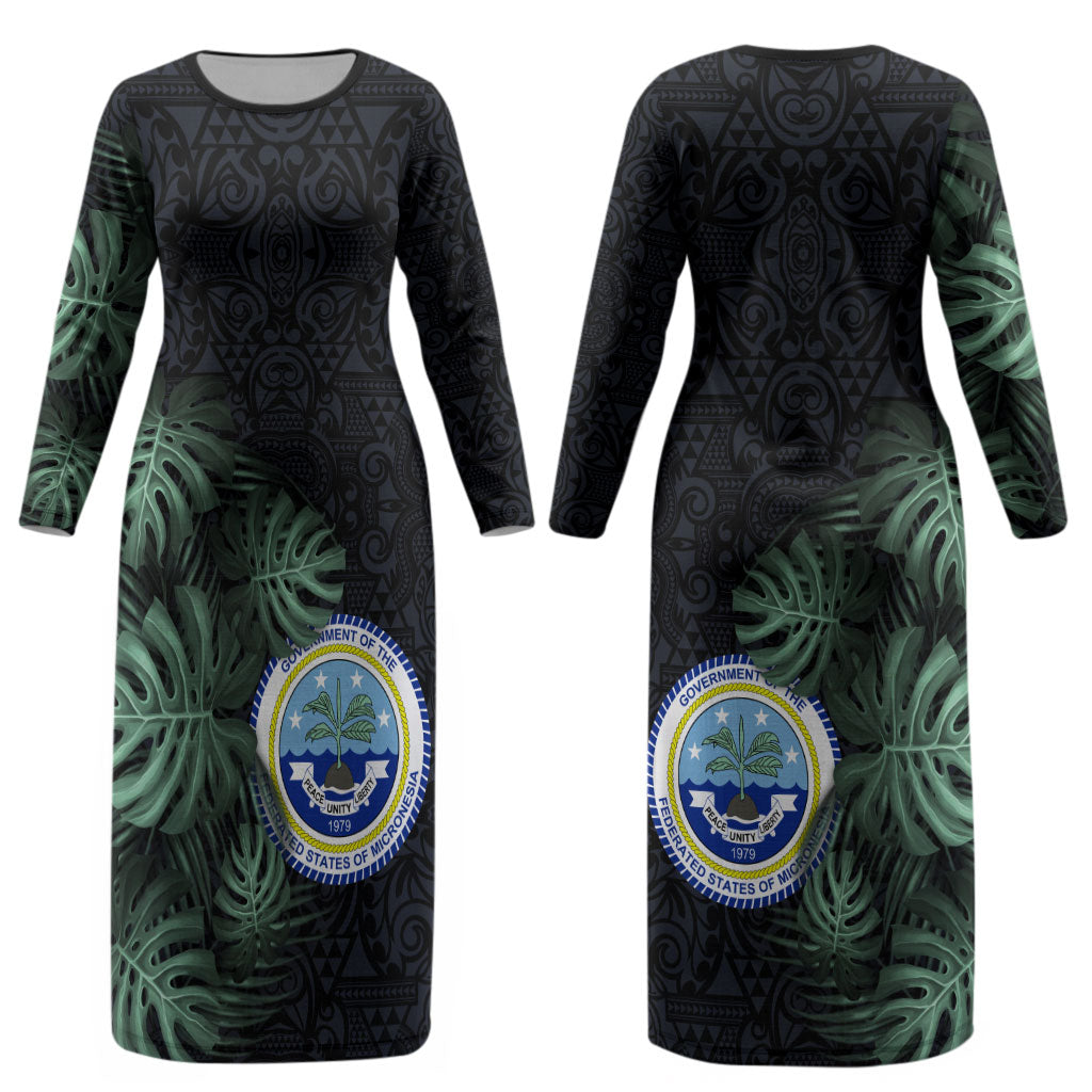 Federated States Of Micronesia Couples Matching Long Sleeve Bodycon Dress and Hawaiian Shirt FSM Tropical Monstera Leaf Dark Tribal Pattern TS04 - Polynesian Pride