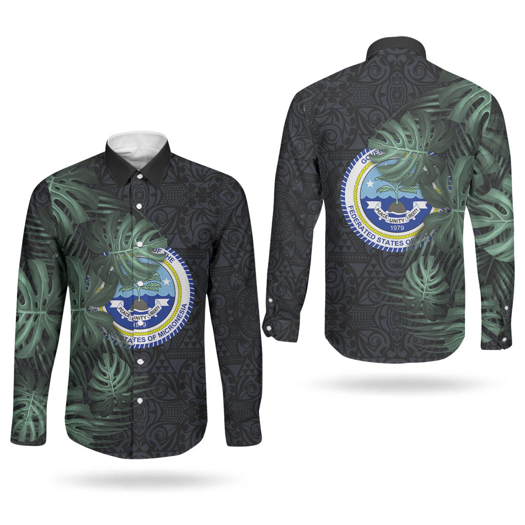 Federated States Of Micronesia Couples Matching Long Sleeve Bodycon Dress and Long Sleeve Button Shirt FSM Tropical Monstera Leaf Dark Tribal Pattern TS04 - Polynesian Pride