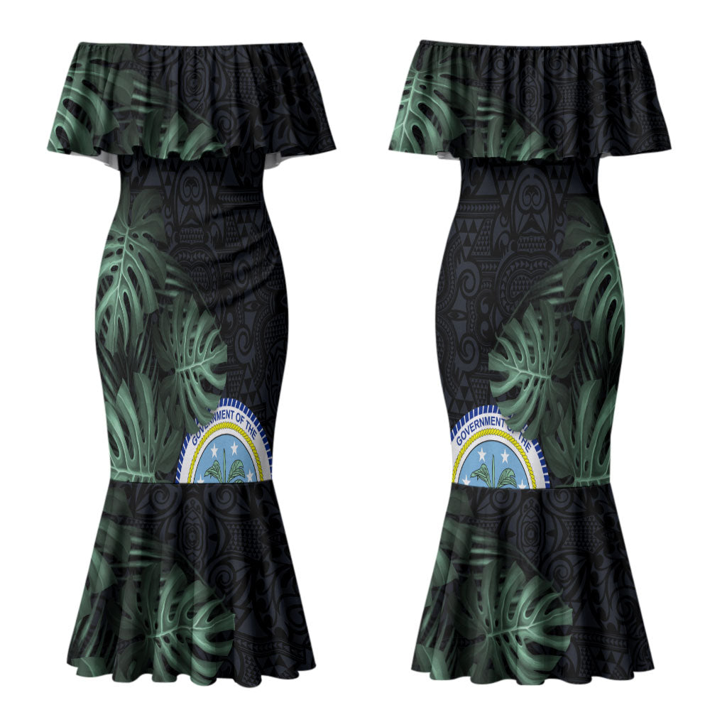 Federated States Of Micronesia Couples Matching Mermaid Dress and Hawaiian Shirt FSM Tropical Monstera Leaf Dark Tribal Pattern TS04 - Polynesian Pride
