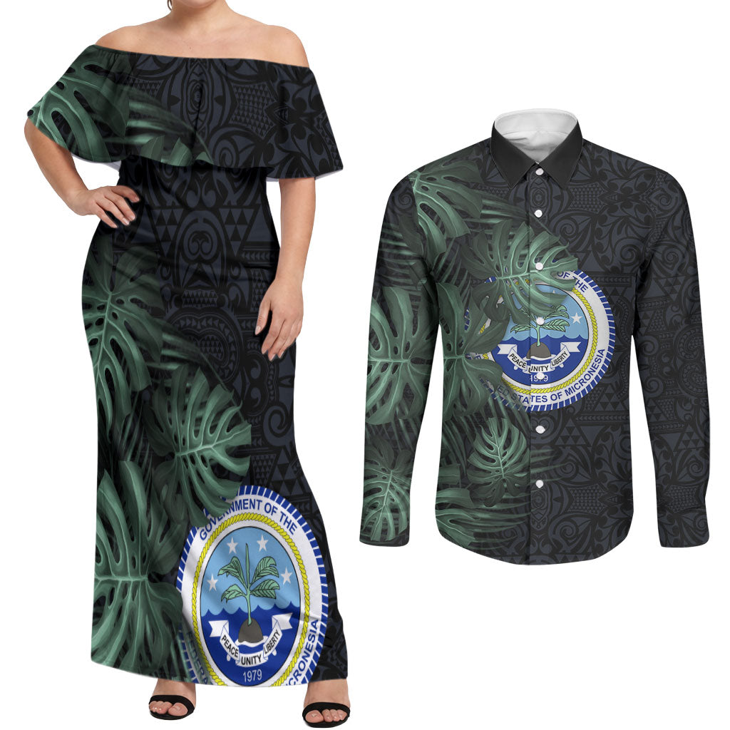 Federated States Of Micronesia Couples Matching Off Shoulder Maxi Dress and Long Sleeve Button Shirt FSM Tropical Monstera Leaf Dark Tribal Pattern