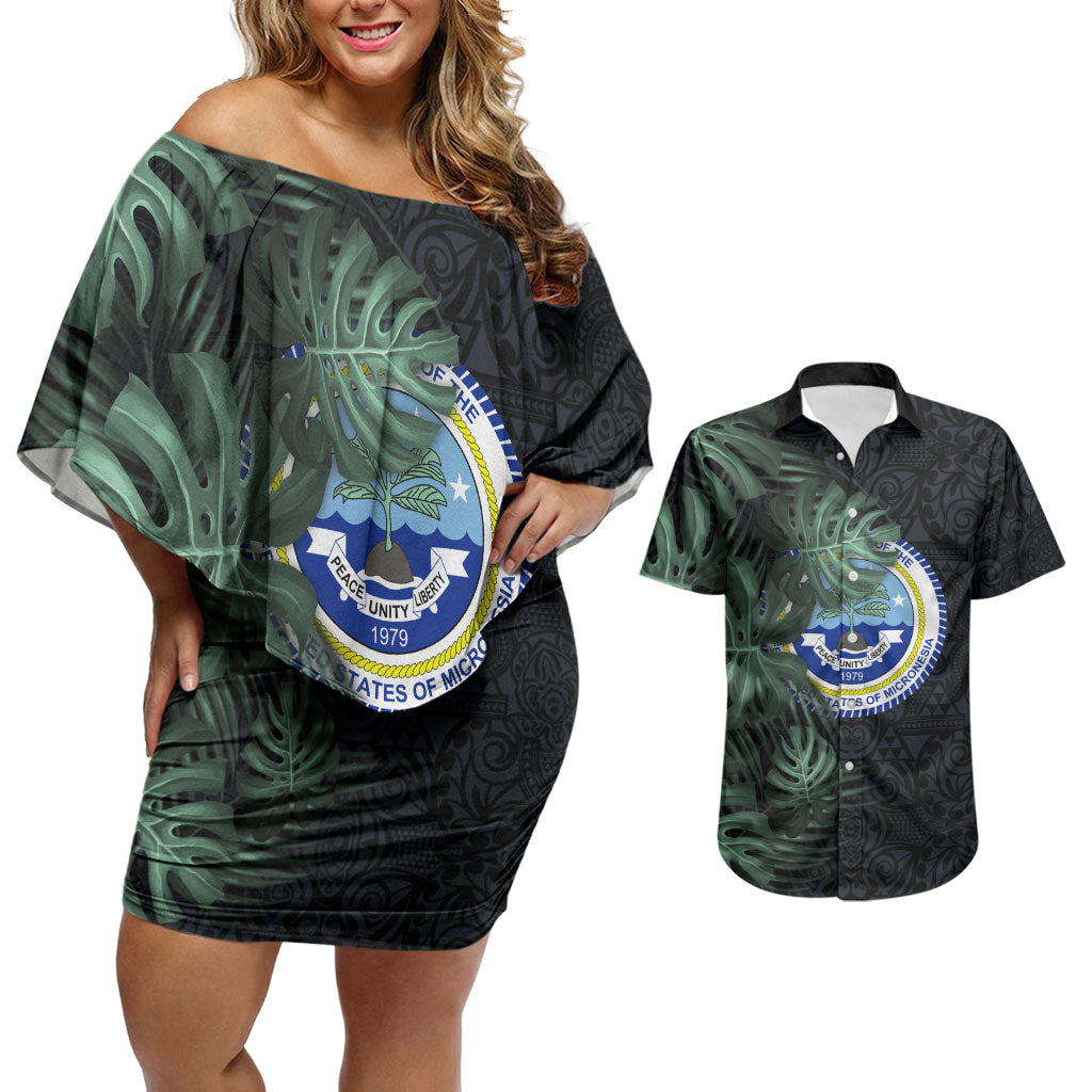 Federated States Of Micronesia Couples Matching Off Shoulder Short Dress and Hawaiian Shirt FSM Tropical Monstera Leaf Dark Tribal Pattern