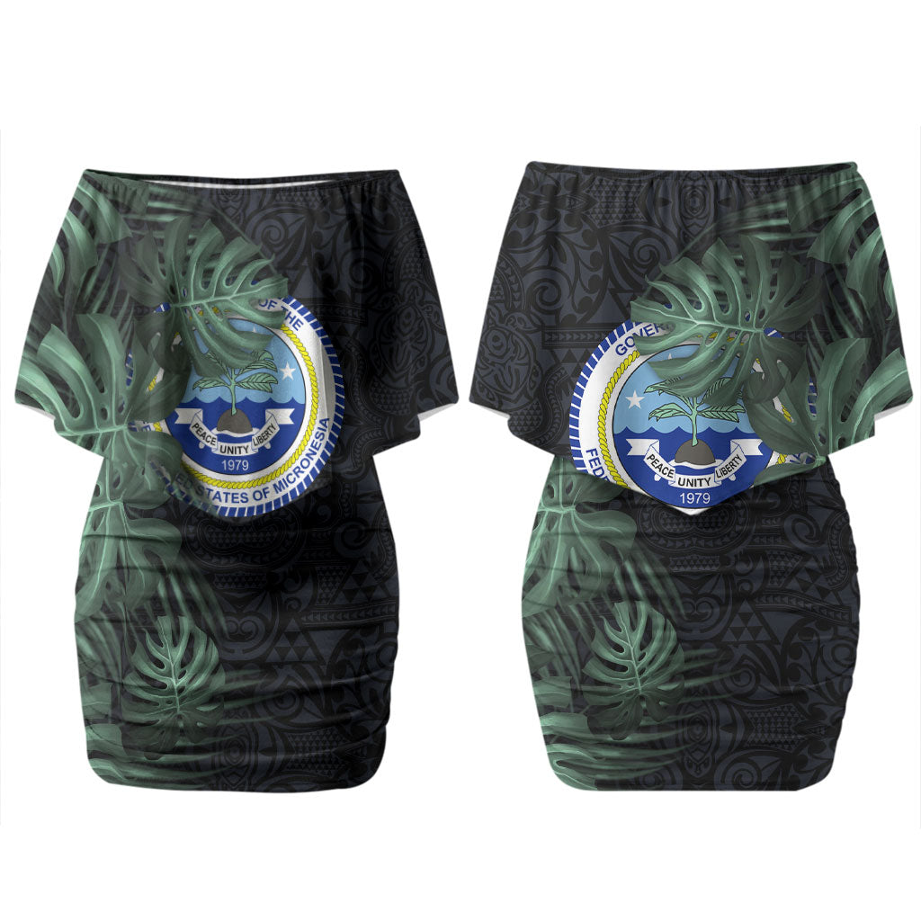 Federated States Of Micronesia Couples Matching Off Shoulder Short Dress and Hawaiian Shirt FSM Tropical Monstera Leaf Dark Tribal Pattern TS04 - Polynesian Pride