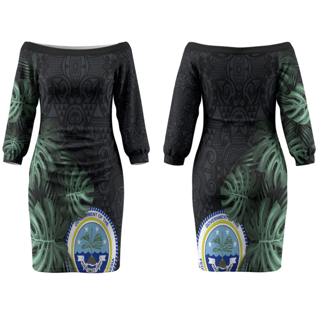 Federated States Of Micronesia Couples Matching Off The Shoulder Long Sleeve Dress and Hawaiian Shirt FSM Tropical Monstera Leaf Dark Tribal Pattern TS04 - Polynesian Pride