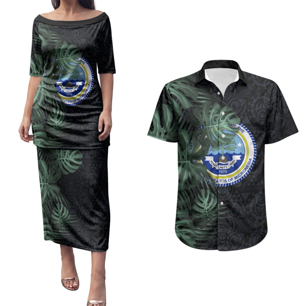 Federated States Of Micronesia Couples Matching Puletasi and Hawaiian Shirt FSM Tropical Monstera Leaf Dark Tribal Pattern