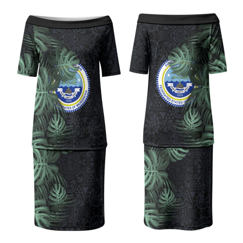 Federated States Of Micronesia Couples Matching Puletasi and Hawaiian Shirt FSM Tropical Monstera Leaf Dark Tribal Pattern TS04 - Polynesian Pride