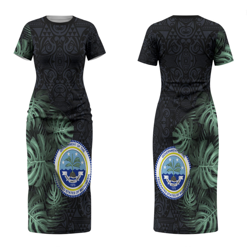 Federated States Of Micronesia Couples Matching Short Sleeve Bodycon Dress and Hawaiian Shirt FSM Tropical Monstera Leaf Dark Tribal Pattern TS04 - Polynesian Pride