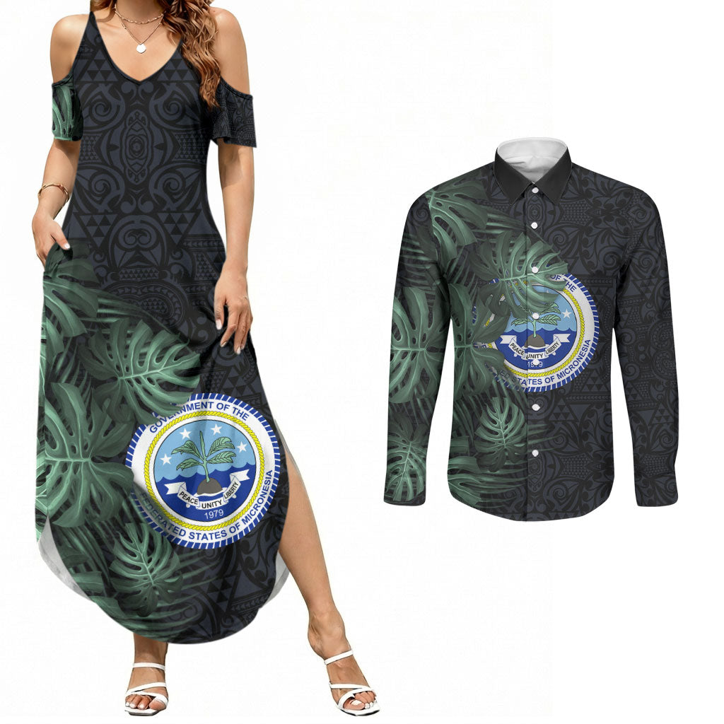 Federated States Of Micronesia Couples Matching Summer Maxi Dress and Long Sleeve Button Shirt FSM Tropical Monstera Leaf Dark Tribal Pattern TS04 Black Green - Polynesian Pride