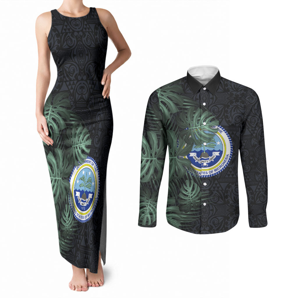 Federated States Of Micronesia Couples Matching Tank Maxi Dress and Long Sleeve Button Shirt FSM Tropical Monstera Leaf Dark Tribal Pattern