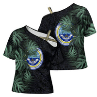 Federated States Of Micronesia Cross Shoulder Shirt FSM Tropical Monstera Leaf Dark Tribal Pattern