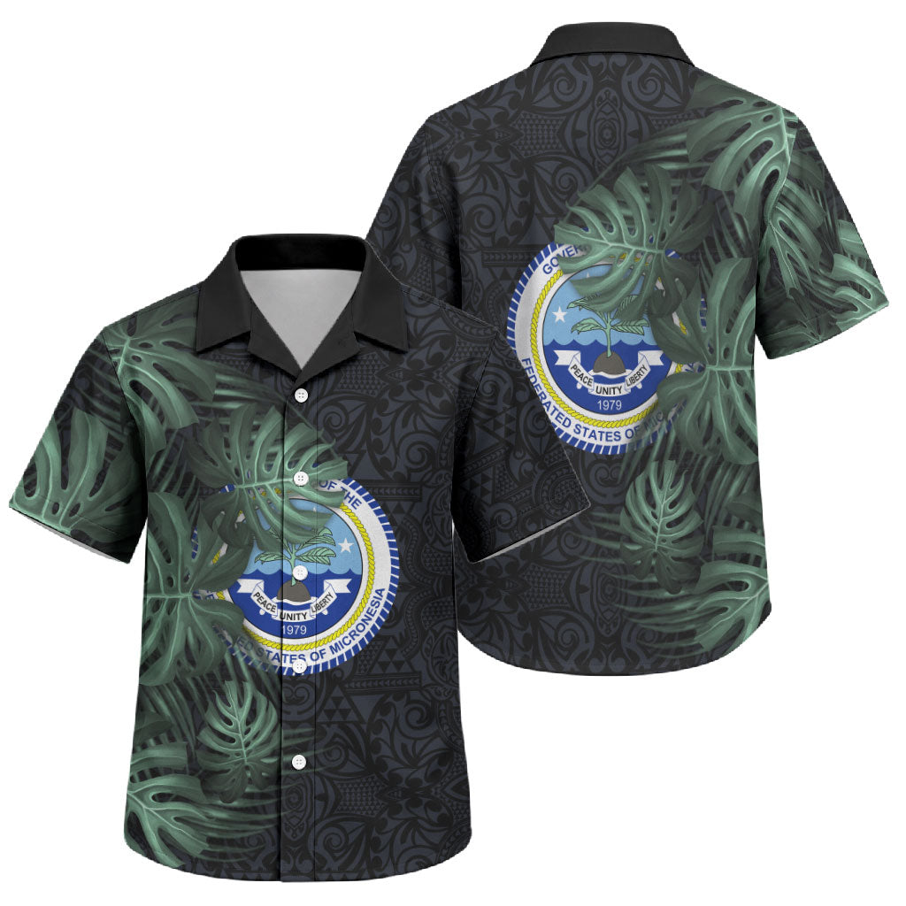 Federated States Of Micronesia Family Matching Long Sleeve Bodycon Dress and Hawaiian Shirt FSM Tropical Monstera Leaf Dark Tribal Pattern TS04 Son's Shirt Black Green - Polynesian Pride