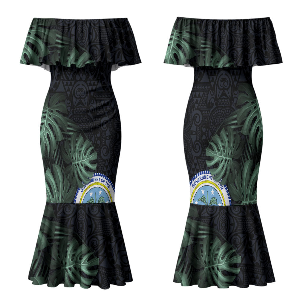Federated States Of Micronesia Family Matching Mermaid Dress and Hawaiian Shirt FSM Tropical Monstera Leaf Dark Tribal Pattern TS04 Mom's Dress Black Green - Polynesian Pride