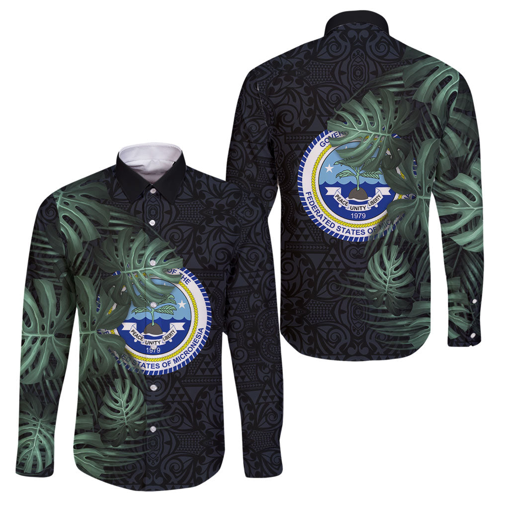 Federated States Of Micronesia Family Matching Off The Shoulder Long Sleeve Dress and Hawaiian Shirt FSM Tropical Monstera Leaf Dark Tribal Pattern TS04 Dad's Shirt - Long Sleeve Black Green - Polynesian Pride
