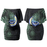 Federated States Of Micronesia Family Matching Off Shoulder Short Dress and Hawaiian Shirt FSM Tropical Monstera Leaf Dark Tribal Pattern TS04 Mom's Dress Black Green - Polynesian Pride