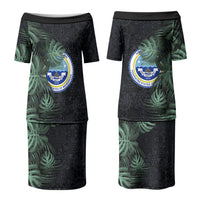 Federated States Of Micronesia Family Matching Puletasi and Hawaiian Shirt FSM Tropical Monstera Leaf Dark Tribal Pattern TS04 Mom's Dress Black Green - Polynesian Pride