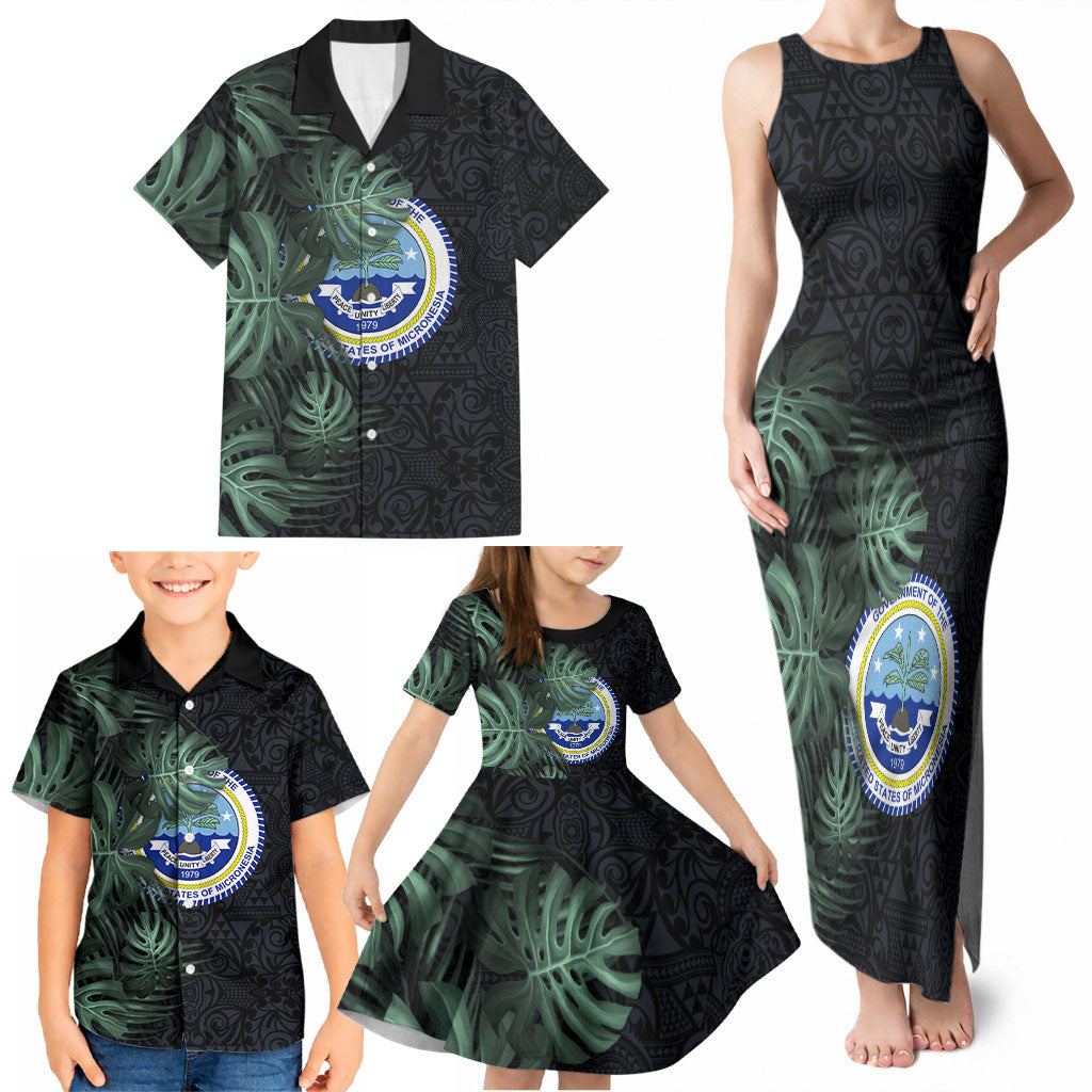 Federated States Of Micronesia Family Matching Tank Maxi Dress and Hawaiian Shirt FSM Tropical Monstera Leaf Dark Tribal Pattern TS04 - Polynesian Pride
