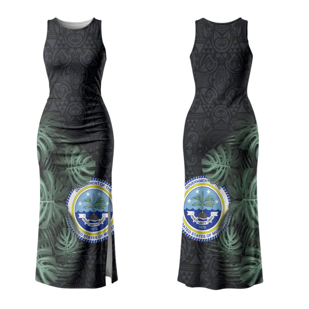 Federated States Of Micronesia Family Matching Tank Maxi Dress and Hawaiian Shirt FSM Tropical Monstera Leaf Dark Tribal Pattern TS04 Mom's Dress Black Green - Polynesian Pride