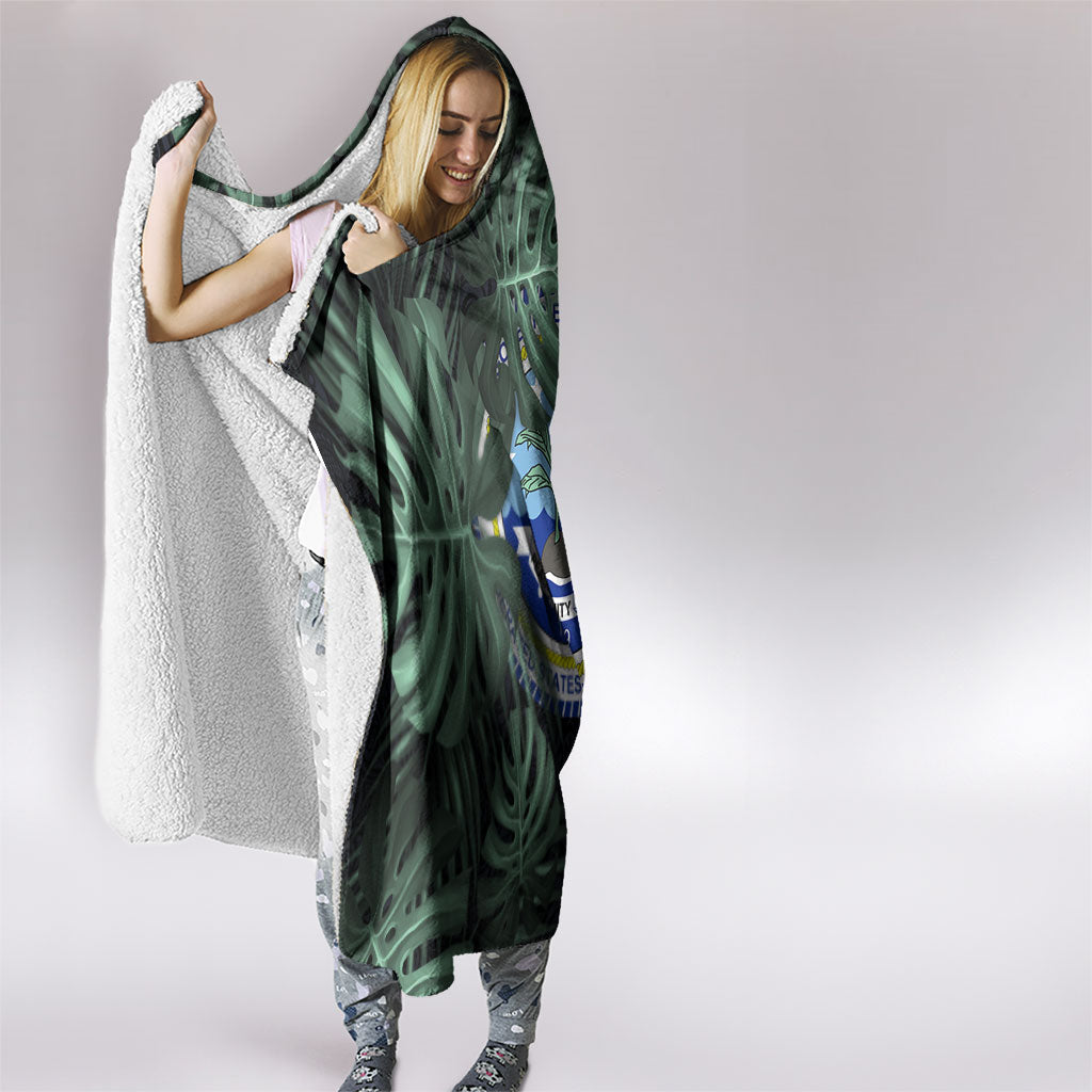 Federated States Of Micronesia Hooded Blanket FSM Tropical Monstera Leaf Dark Tribal Pattern TS04 - Polynesian Pride
