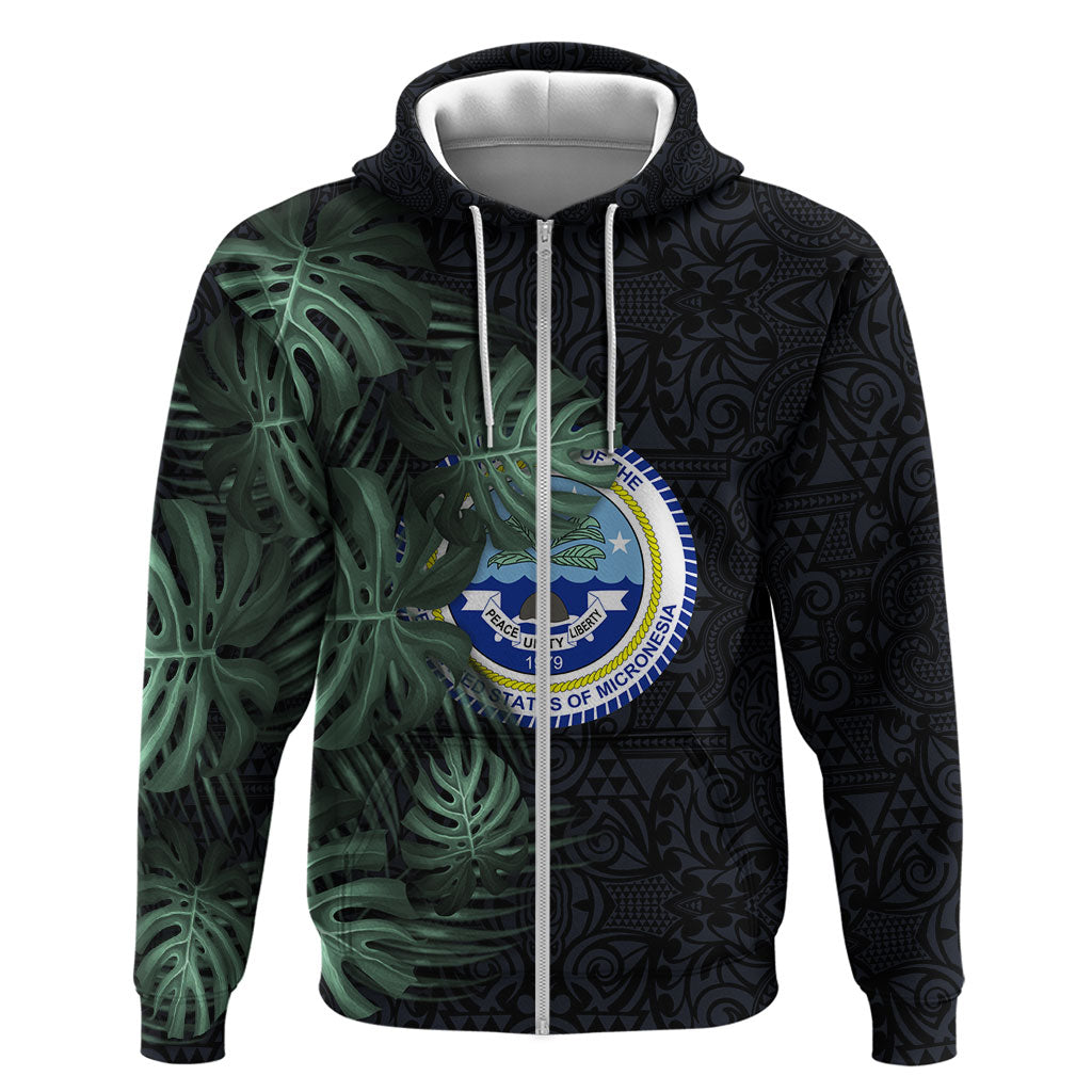 Federated States Of Micronesia Hoodie FSM Tropical Monstera Leaf Dark Tribal Pattern