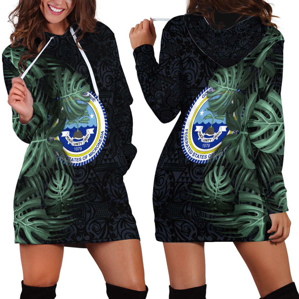 Federated States Of Micronesia Hoodie Dress FSM Tropical Monstera Leaf Dark Tribal Pattern TS04 - Polynesian Pride