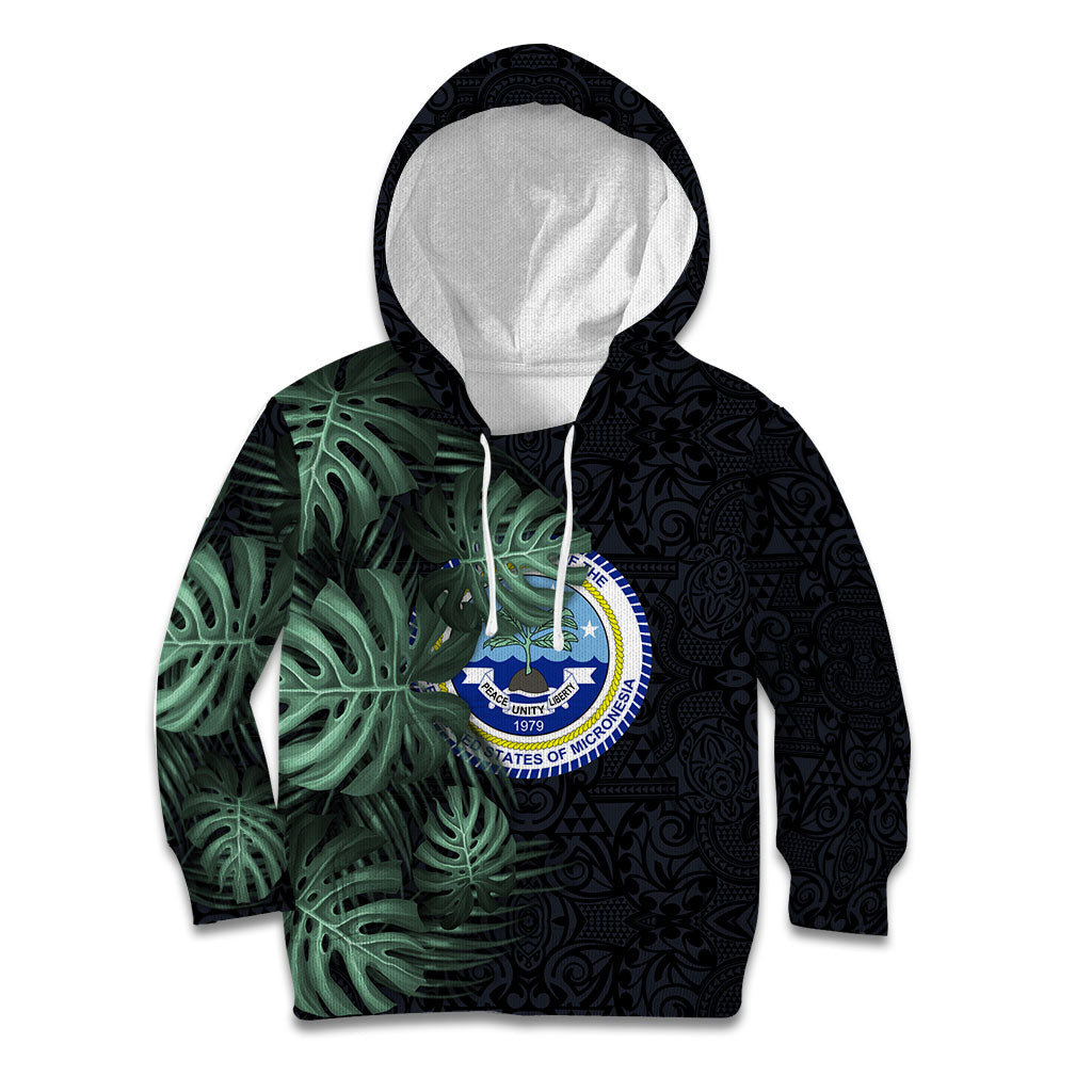 Federated States Of Micronesia Kid Hoodie FSM Tropical Monstera Leaf Dark Tribal Pattern TS04 Hoodie Black Green - Polynesian Pride
