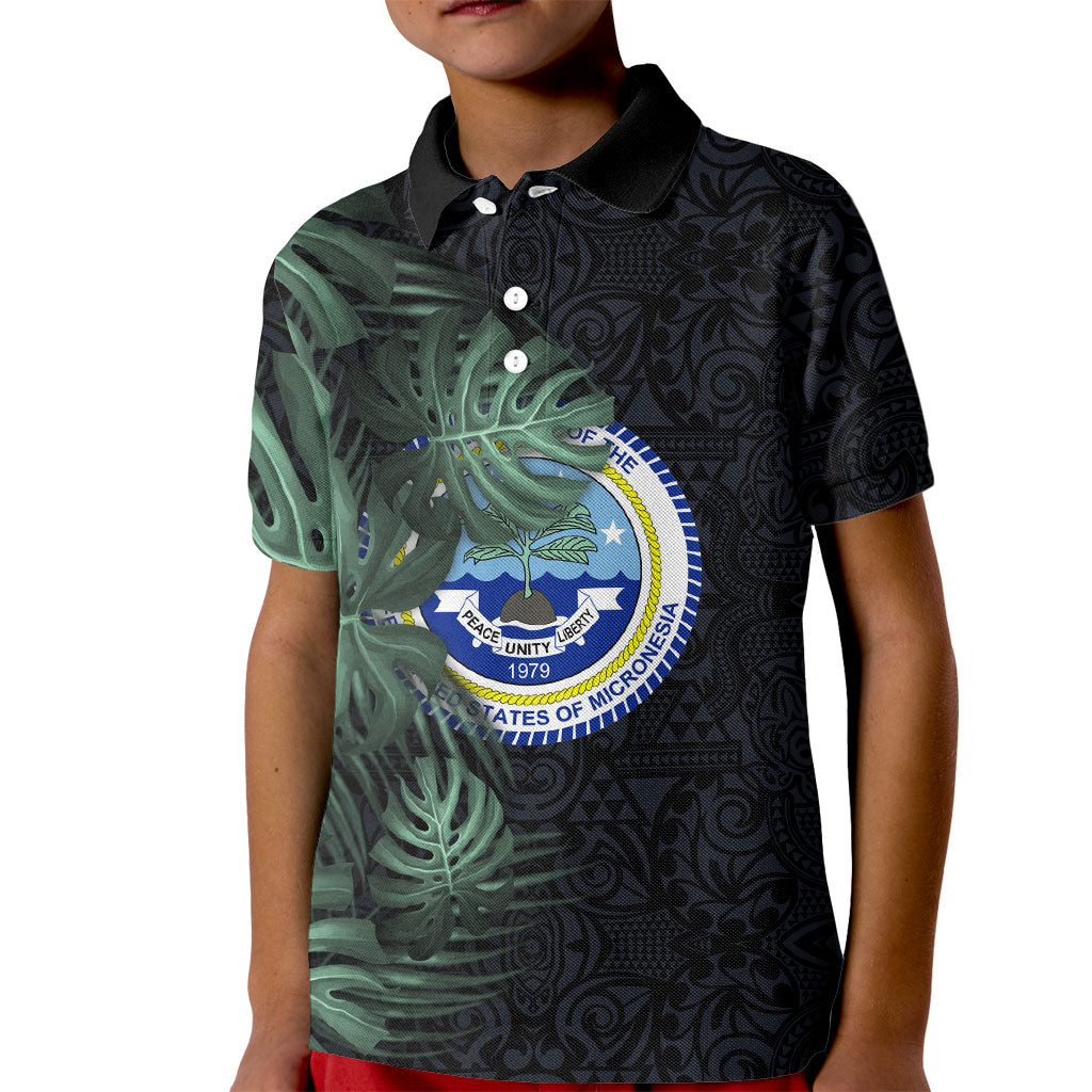 Federated States Of Micronesia Kid Polo Shirt FSM Tropical Monstera Leaf Dark Tribal Pattern TS04 Kid Black Green - Polynesian Pride