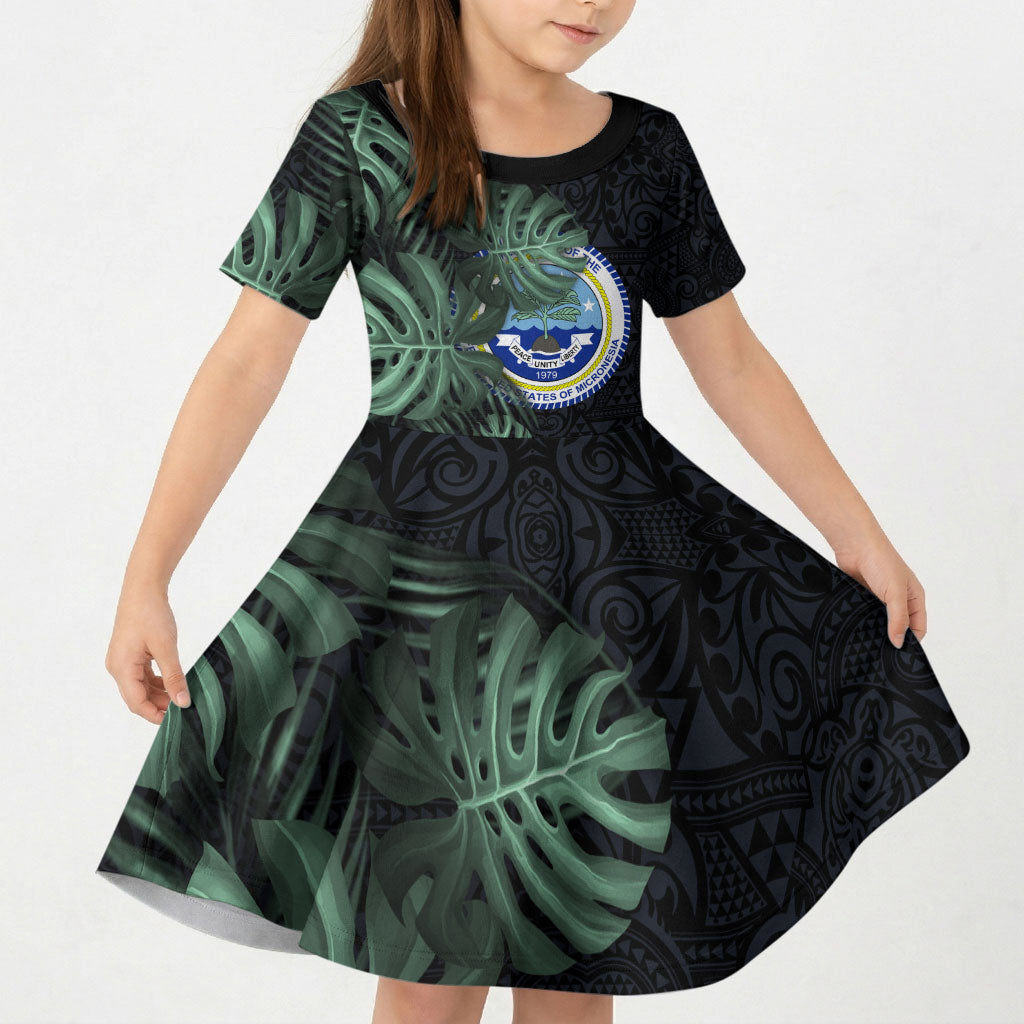 Federated States Of Micronesia Kid Short Sleeve Dress FSM Tropical Monstera Leaf Dark Tribal Pattern