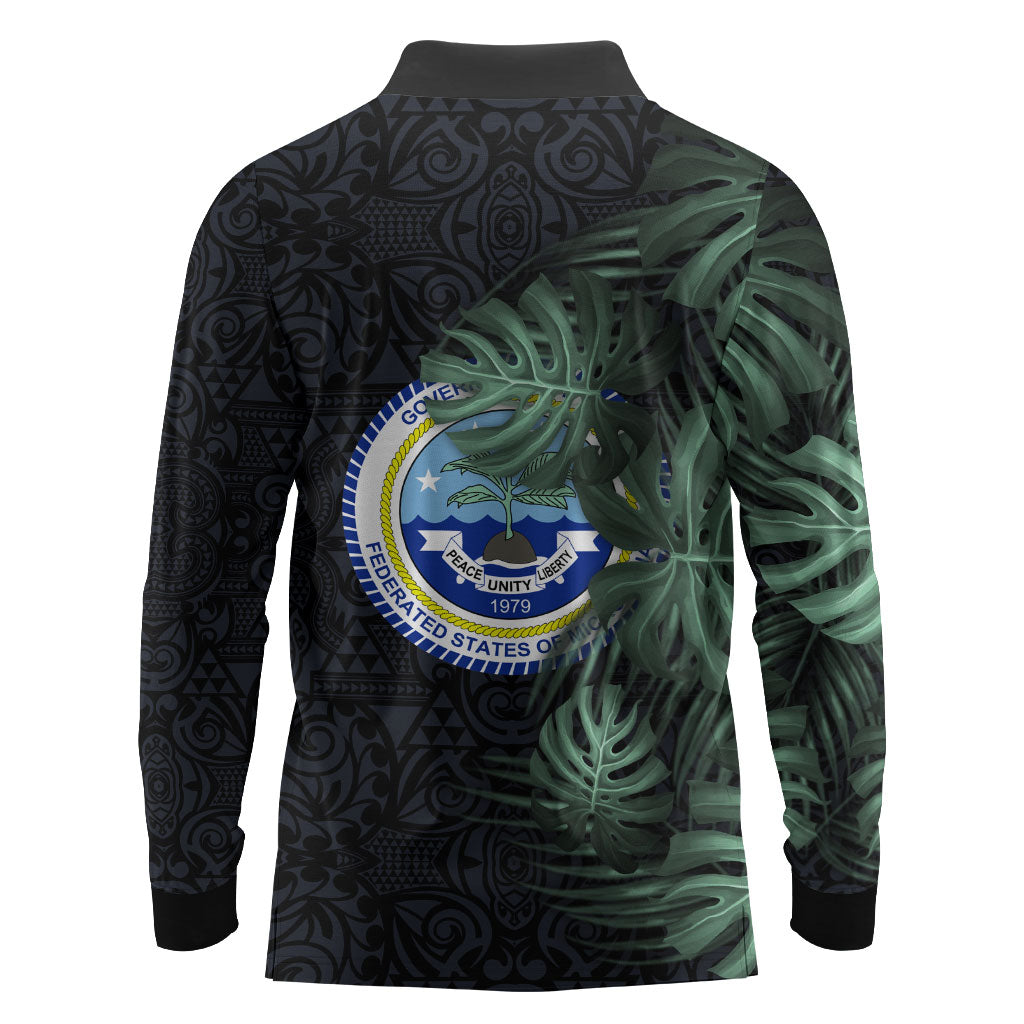 Federated States Of Micronesia Long Sleeve Polo Shirt FSM Tropical Monstera Leaf Dark Tribal Pattern TS04 - Polynesian Pride