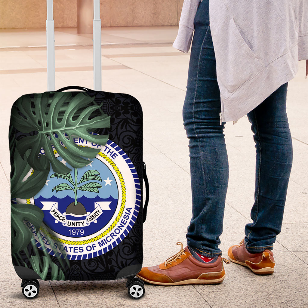 Federated States Of Micronesia Luggage Cover FSM Tropical Monstera Leaf Dark Tribal Pattern TS04 Black Green - Polynesian Pride
