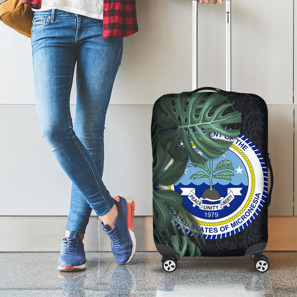 Federated States Of Micronesia Luggage Cover FSM Tropical Monstera Leaf Dark Tribal Pattern TS04 - Polynesian Pride