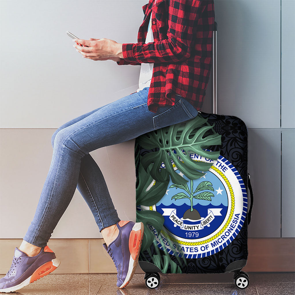 Federated States Of Micronesia Luggage Cover FSM Tropical Monstera Leaf Dark Tribal Pattern TS04 - Polynesian Pride
