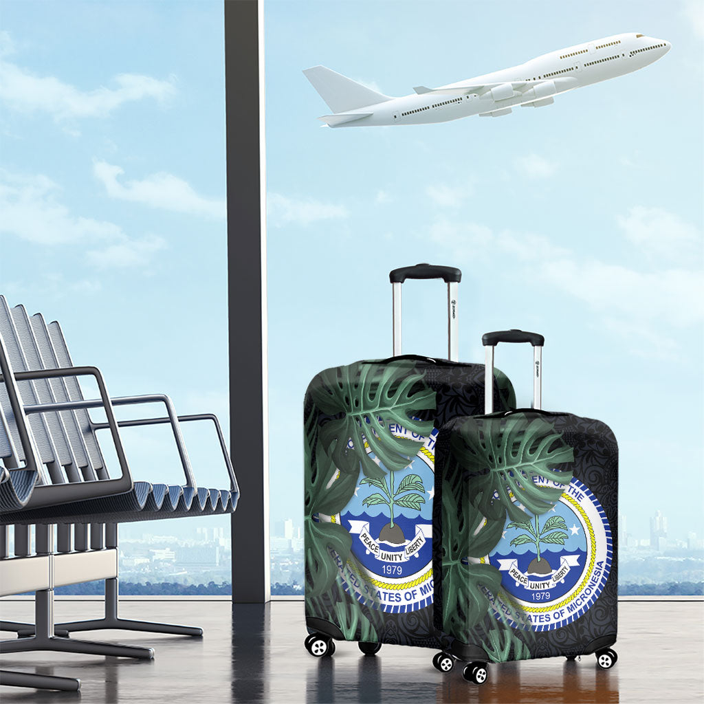 Federated States Of Micronesia Luggage Cover FSM Tropical Monstera Leaf Dark Tribal Pattern TS04 - Polynesian Pride
