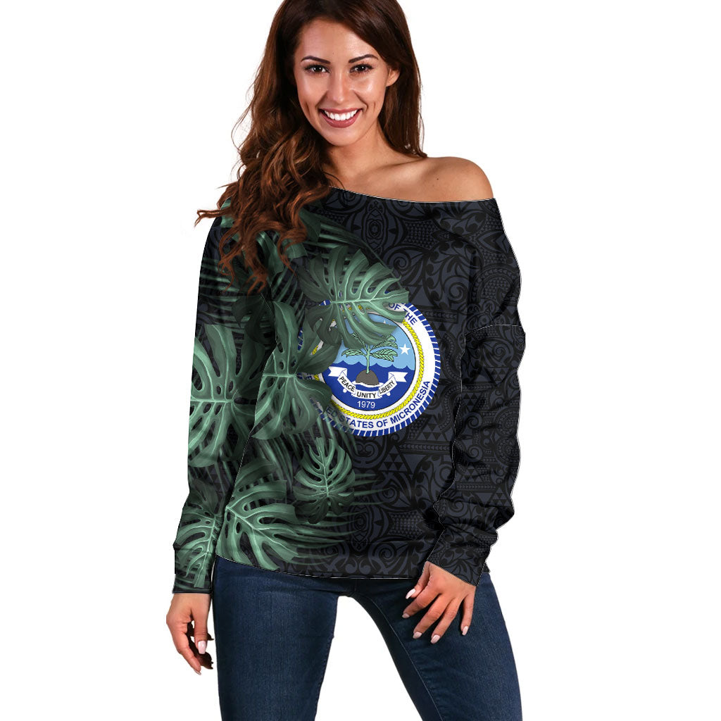 Federated States Of Micronesia Off Shoulder Sweater FSM Tropical Monstera Leaf Dark Tribal Pattern TS04 Women Black Green - Polynesian Pride