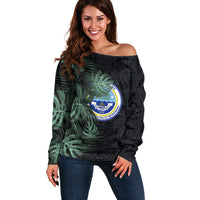 Federated States Of Micronesia Off Shoulder Sweater FSM Tropical Monstera Leaf Dark Tribal Pattern TS04 Women Black Green - Polynesian Pride
