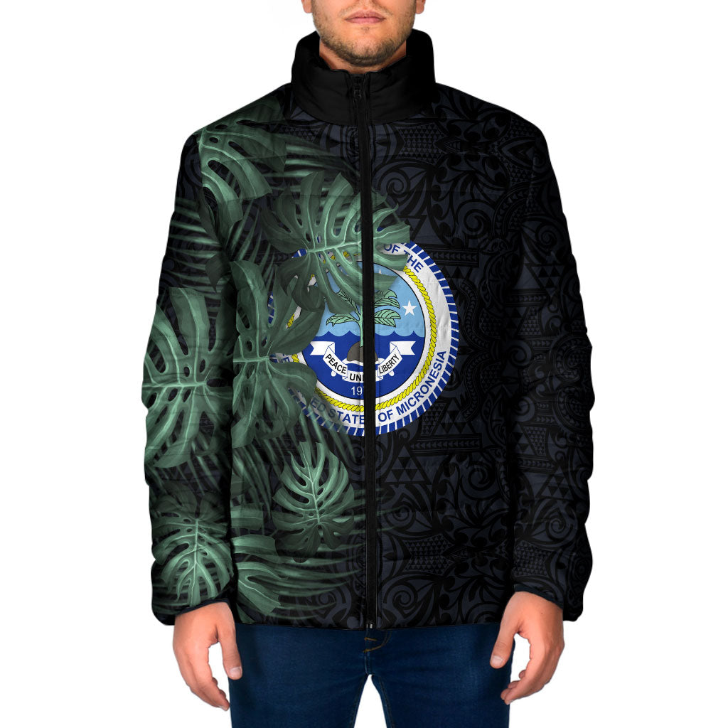 Federated States Of Micronesia Padded Jacket FSM Tropical Monstera Leaf Dark Tribal Pattern