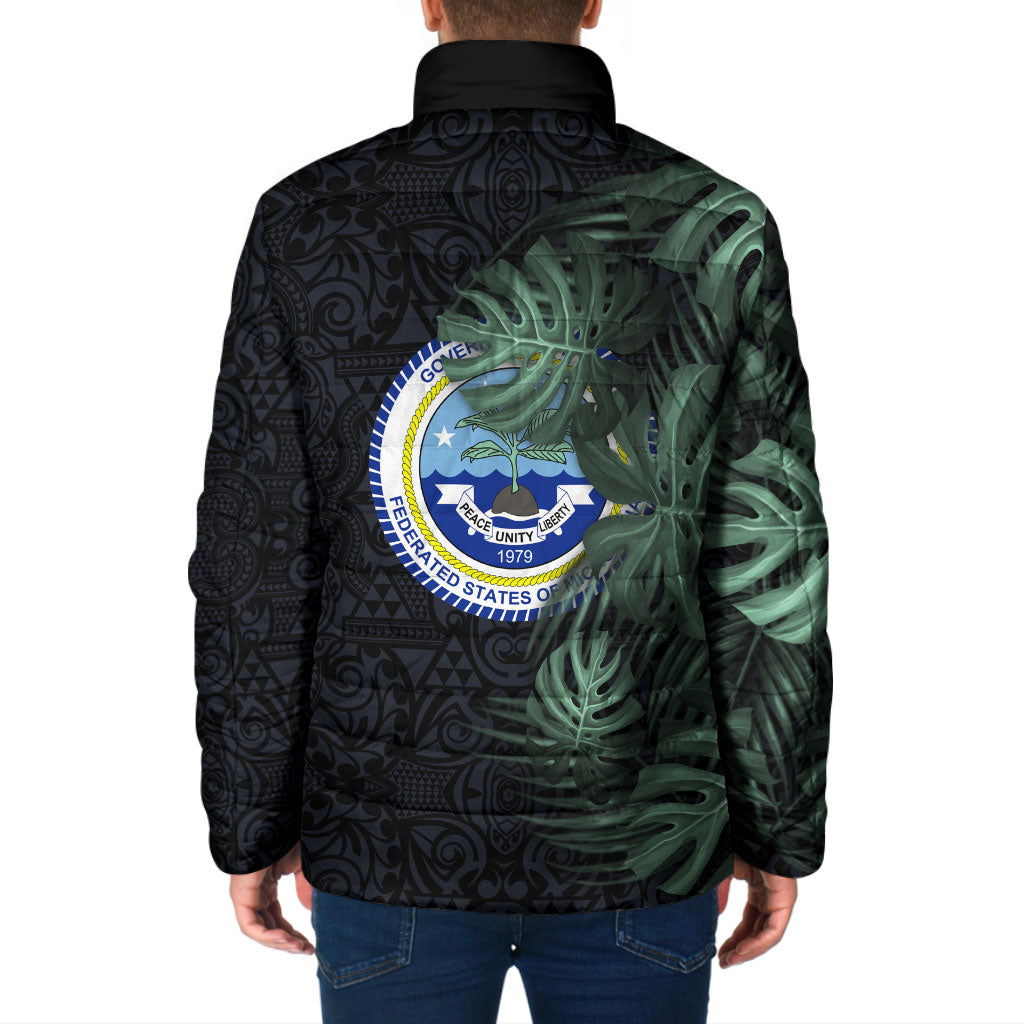 Federated States Of Micronesia Padded Jacket FSM Tropical Monstera Leaf Dark Tribal Pattern