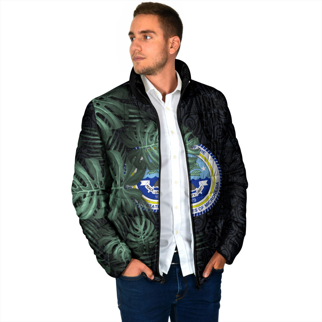 Federated States Of Micronesia Padded Jacket FSM Tropical Monstera Leaf Dark Tribal Pattern