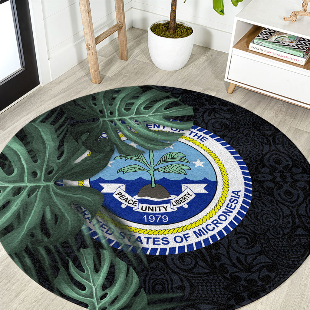 Federated States Of Micronesia Round Carpet FSM Tropical Monstera Leaf Dark Tribal Pattern