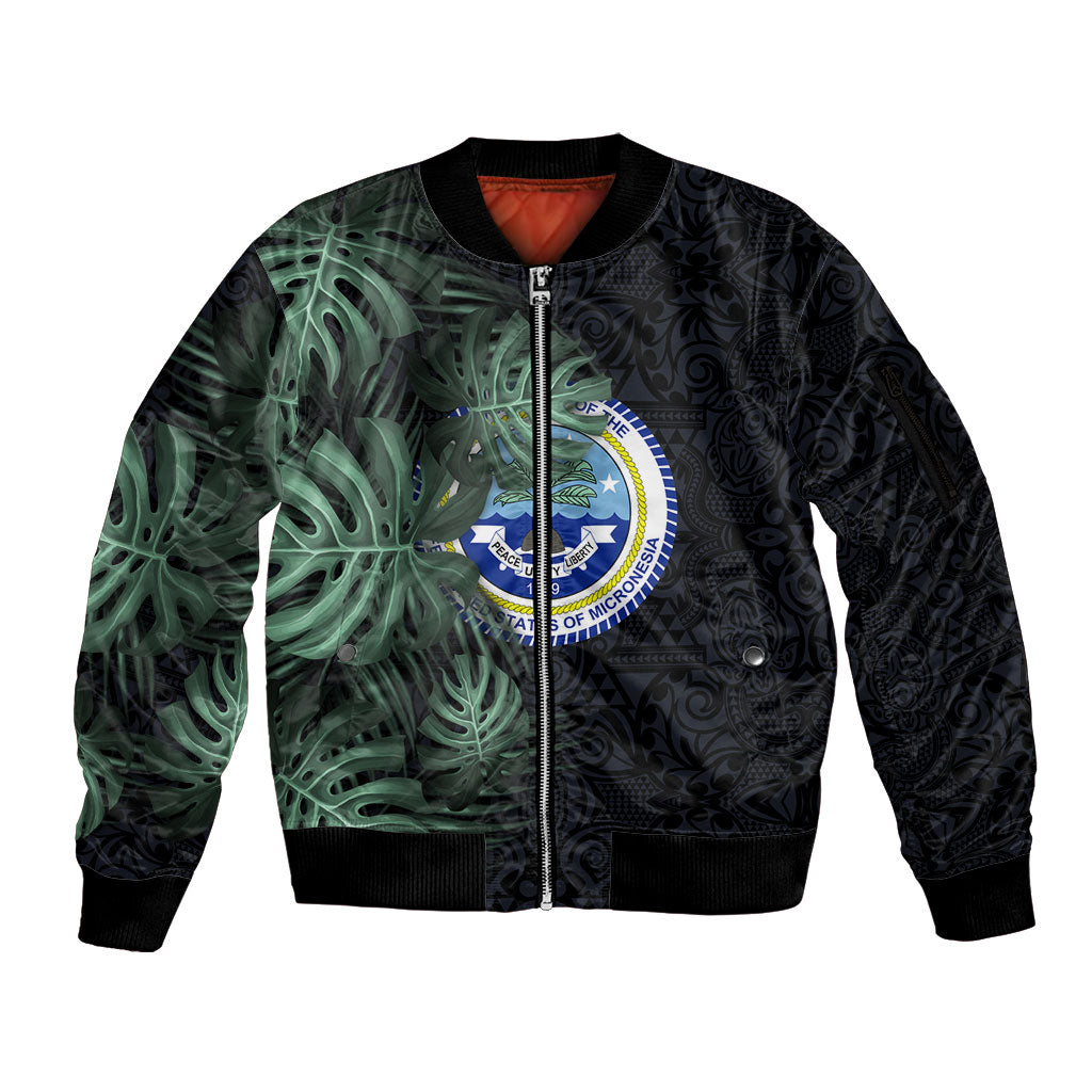 Federated States Of Micronesia Sleeve Zip Bomber Jacket FSM Tropical Monstera Leaf Dark Tribal Pattern TS04 Unisex Black Green - Polynesian Pride
