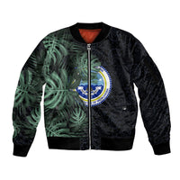 Federated States Of Micronesia Sleeve Zip Bomber Jacket FSM Tropical Monstera Leaf Dark Tribal Pattern TS04 Unisex Black Green - Polynesian Pride